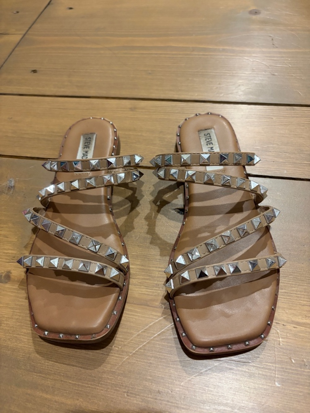 Steve Madden Tan Pyramid Stud Multi-Strap Slide Sandals